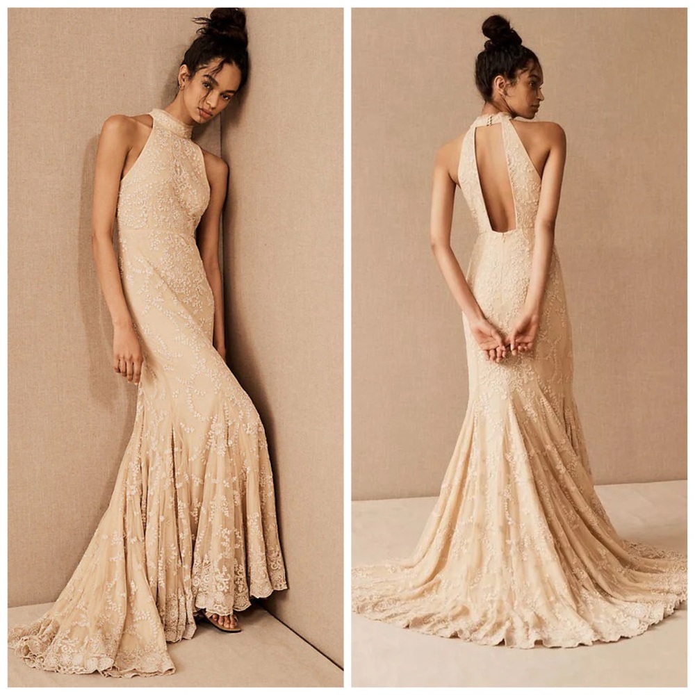 Anthropologie BHLDN Daisy Wedding Gown Dress Bridal Tan‎ Lace Halter Size 6